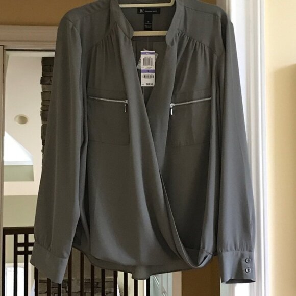 INC  khaki blouse with zippers - Picture 1 of 3
